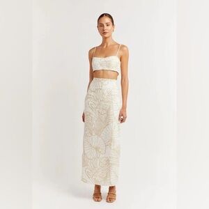 Dissh Malta White Palm Linen Crop Top and Midi Skirt Set Size 6